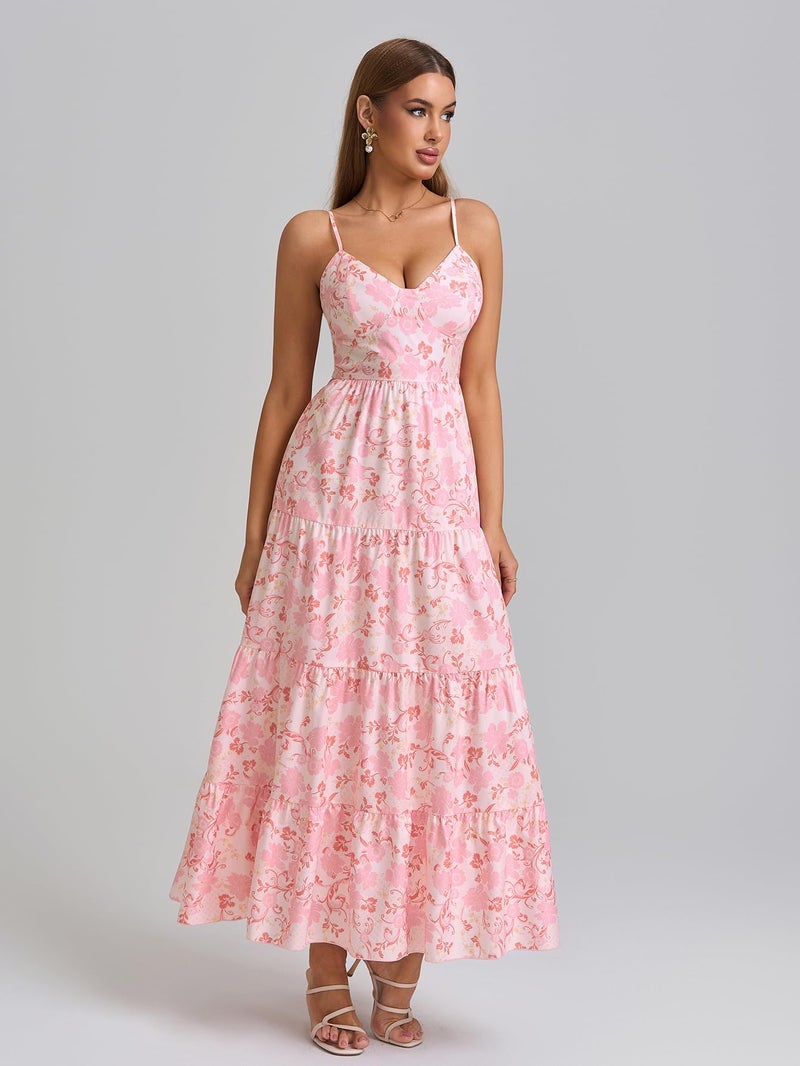 HTZMO Women Casual Summer Floral Maxi Sundress V Neck Spaghetti Strap Bow Tie Backless Flowy Boho Beach Long Dress 2026 Pink Floral L - Image 5