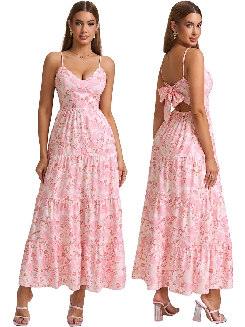 HTZMO Women Casual Summer Floral Maxi Sundress V Neck Spaghetti Strap Bow Tie Backless Flowy Boho Beach Long Dress 2026 Pink Floral L - Image 1