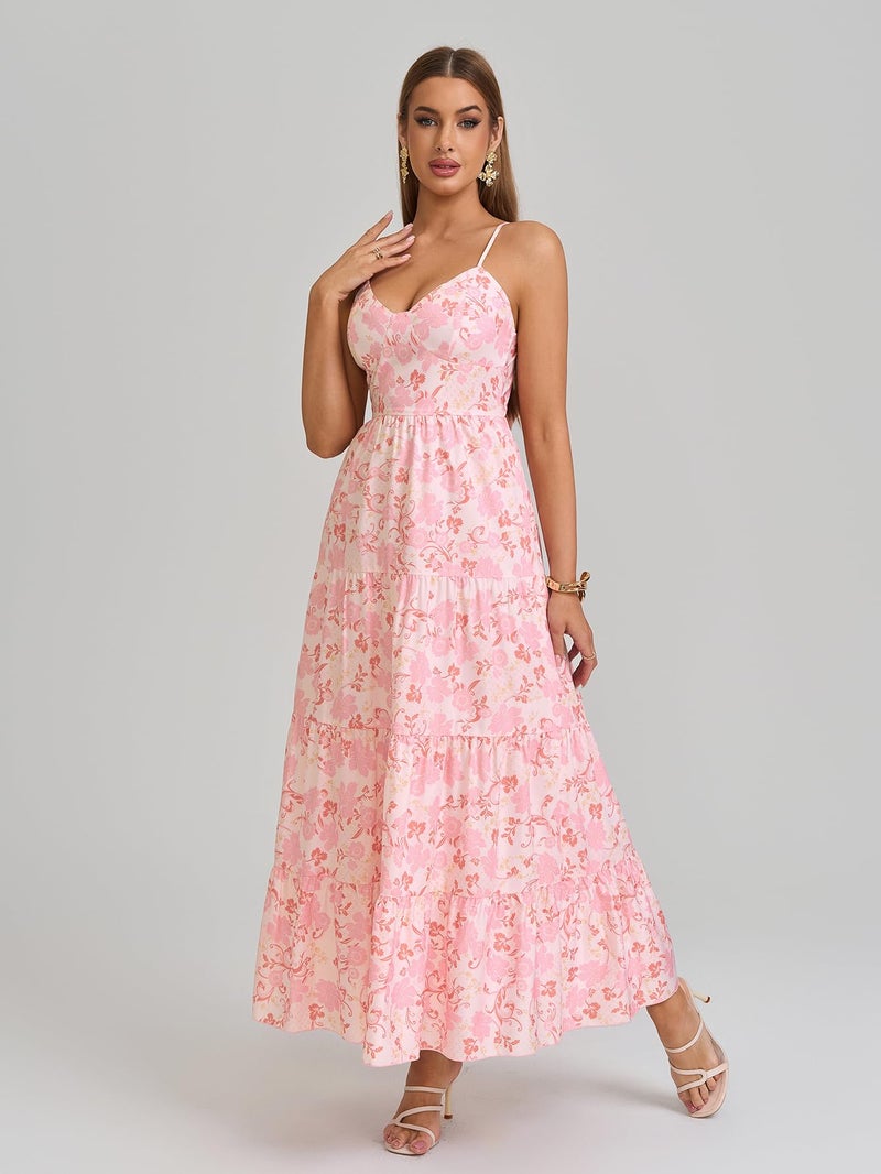 HTZMO Women Casual Summer Floral Maxi Sundress V Neck Spaghetti Strap Bow Tie Backless Flowy Boho Beach Long Dress 2026 Pink Floral L - Image 3