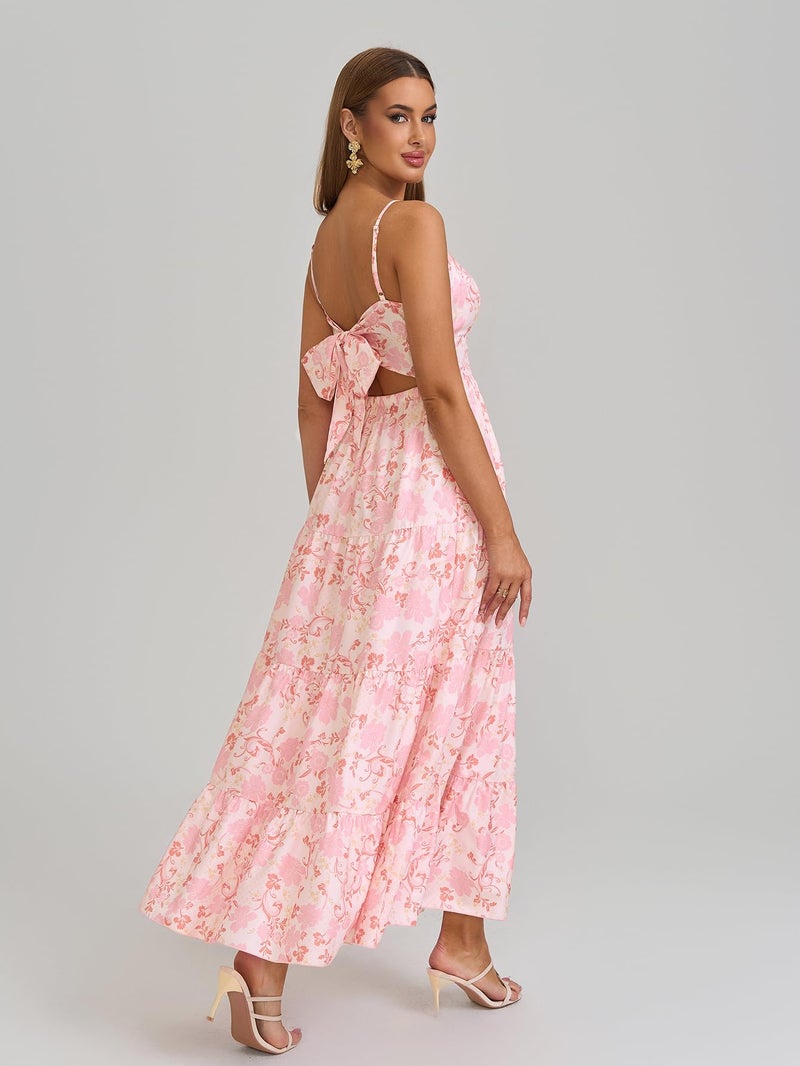 HTZMO Women Casual Summer Floral Maxi Sundress V Neck Spaghetti Strap Bow Tie Backless Flowy Boho Beach Long Dress 2026 Pink Floral L - Image 4