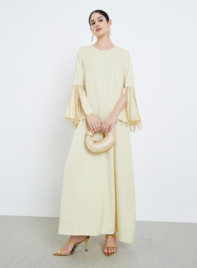 Amirah Women Yellow Satin Jalabiya with Tassel Trims - Image 1