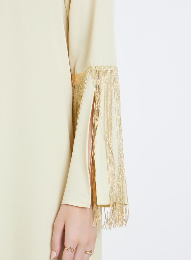 Amirah Women Yellow Satin Jalabiya with Tassel Trims - Image 4