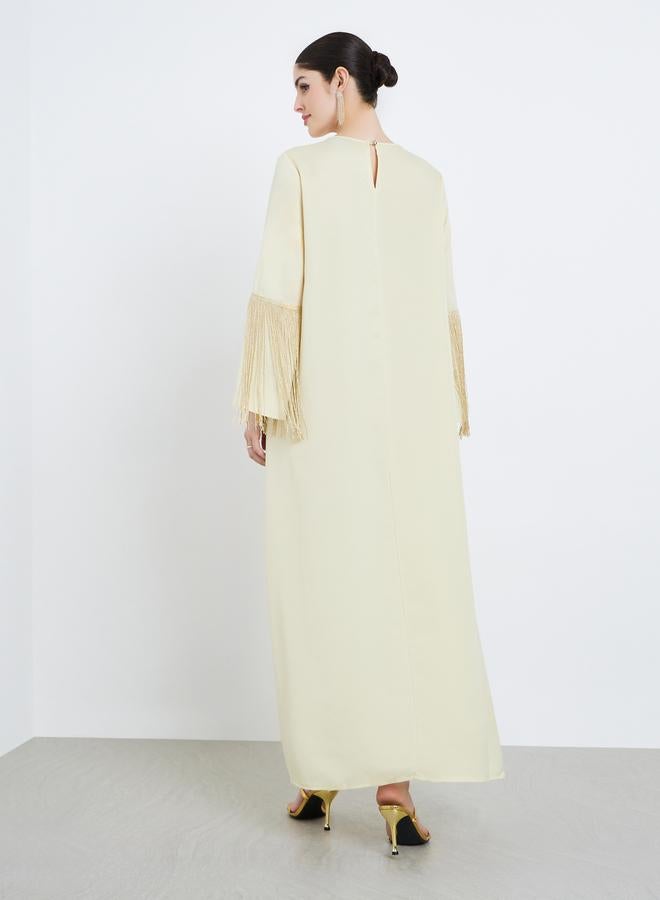 Amirah Women Yellow Satin Jalabiya with Tassel Trims - Image 5