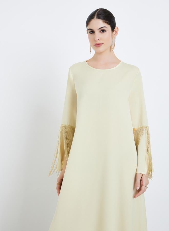 Amirah Women Yellow Satin Jalabiya with Tassel Trims - Image 2
