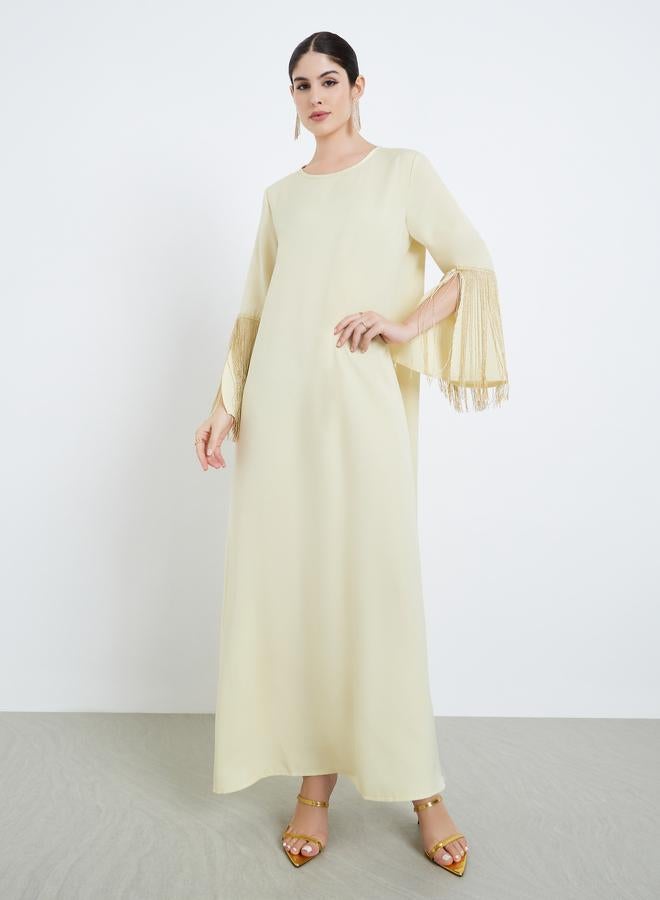 Amirah Women Yellow Satin Jalabiya with Tassel Trims - Image 3