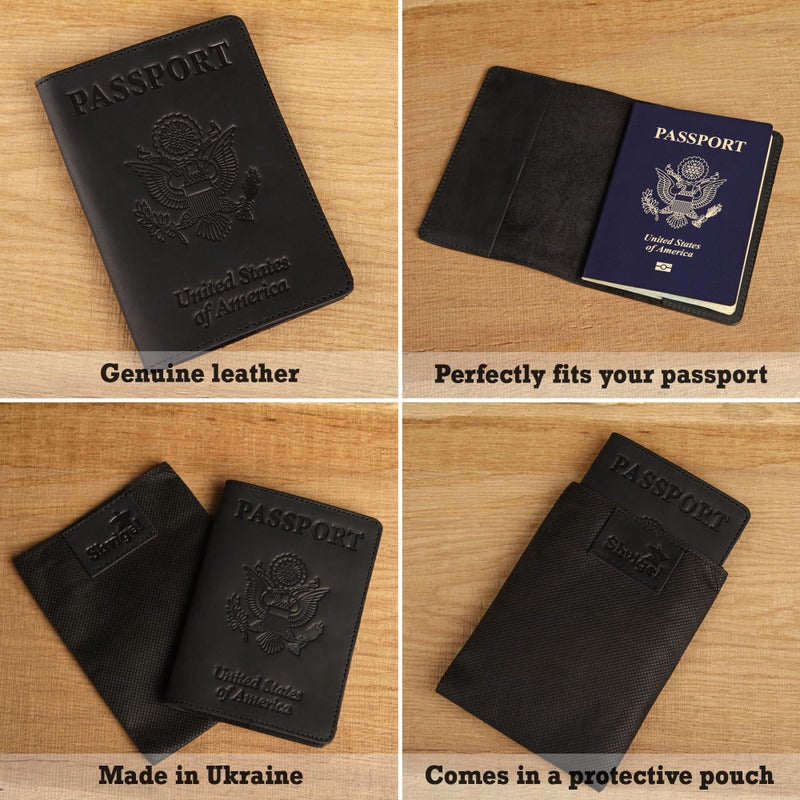 Shvigel US Leather Passport Book Cover - Thin American Travel Passport Holder - Premium International USA Passport Protector Case for Women Men (Black Vintage) - Image 3