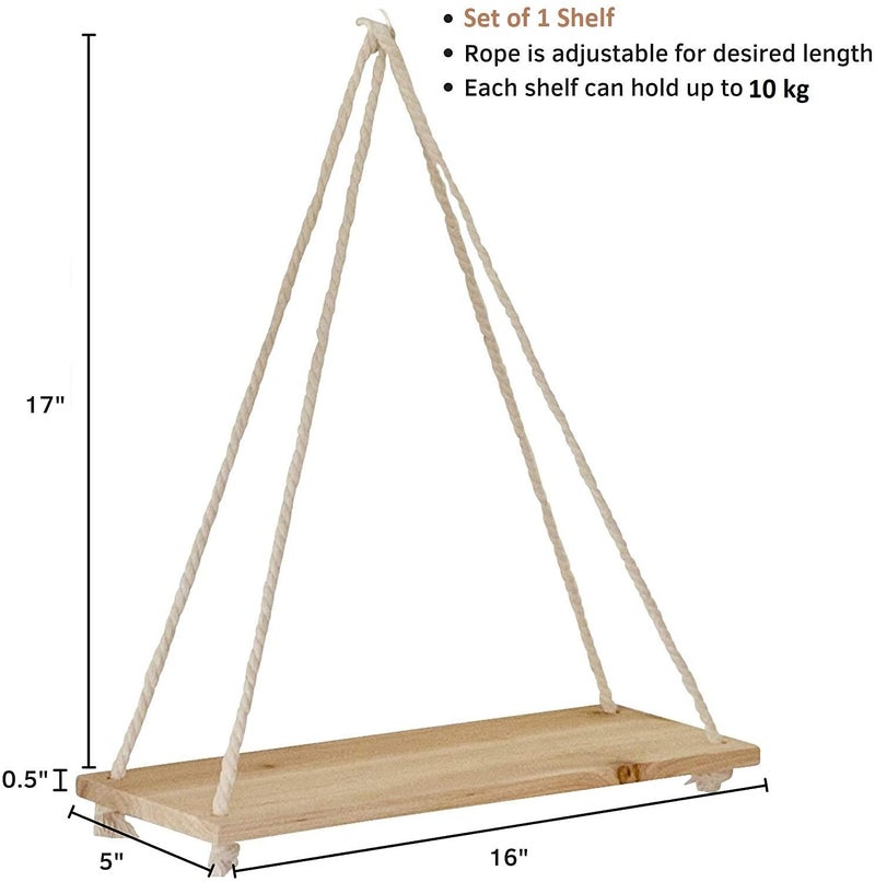 SHREE HANS CREATION |Real Pine Wood Floating Shelves, Hanging Swing Rope Shelves, Rustic Wall Decor Swing Shelf, Wall Shelves for Living Room/Home/Office Decor (1 Tier, 8 x 5 Inch) - Image 3