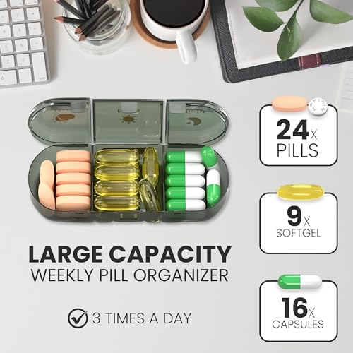 OCEANEVO 3 Times a Day, Weekly Medicine Storage Organizer box for Home and Travel, 7 days Pill Organizer Box for Vitamins, Tablet & Supplements - Black - 3 Compartments - 1 Year Warranty - Image 2