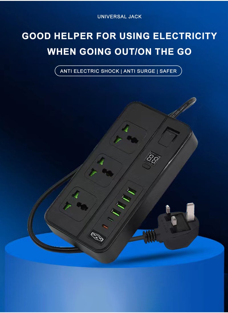ULHYC - شرائط الطاقة تمديد الحبل 3 منافذ مقبس الطاقة مع 4 منافذ USB 2 نوع c مقبس شحن عالمي مع سلك تمديد جريء 2 متر - Image 1