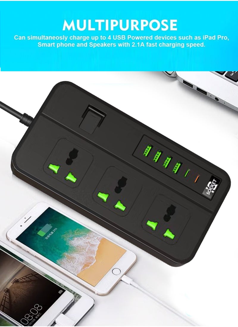 ULHYC - شرائط الطاقة تمديد الحبل 3 منافذ مقبس الطاقة مع 4 منافذ USB 2 نوع c مقبس شحن عالمي مع سلك تمديد جريء 2 متر - Image 1