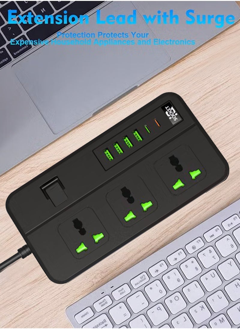 ULHYC - شرائط الطاقة تمديد الحبل 3 منافذ مقبس الطاقة مع 4 منافذ USB 2 نوع c مقبس شحن عالمي مع سلك تمديد جريء 2 متر - Image 1