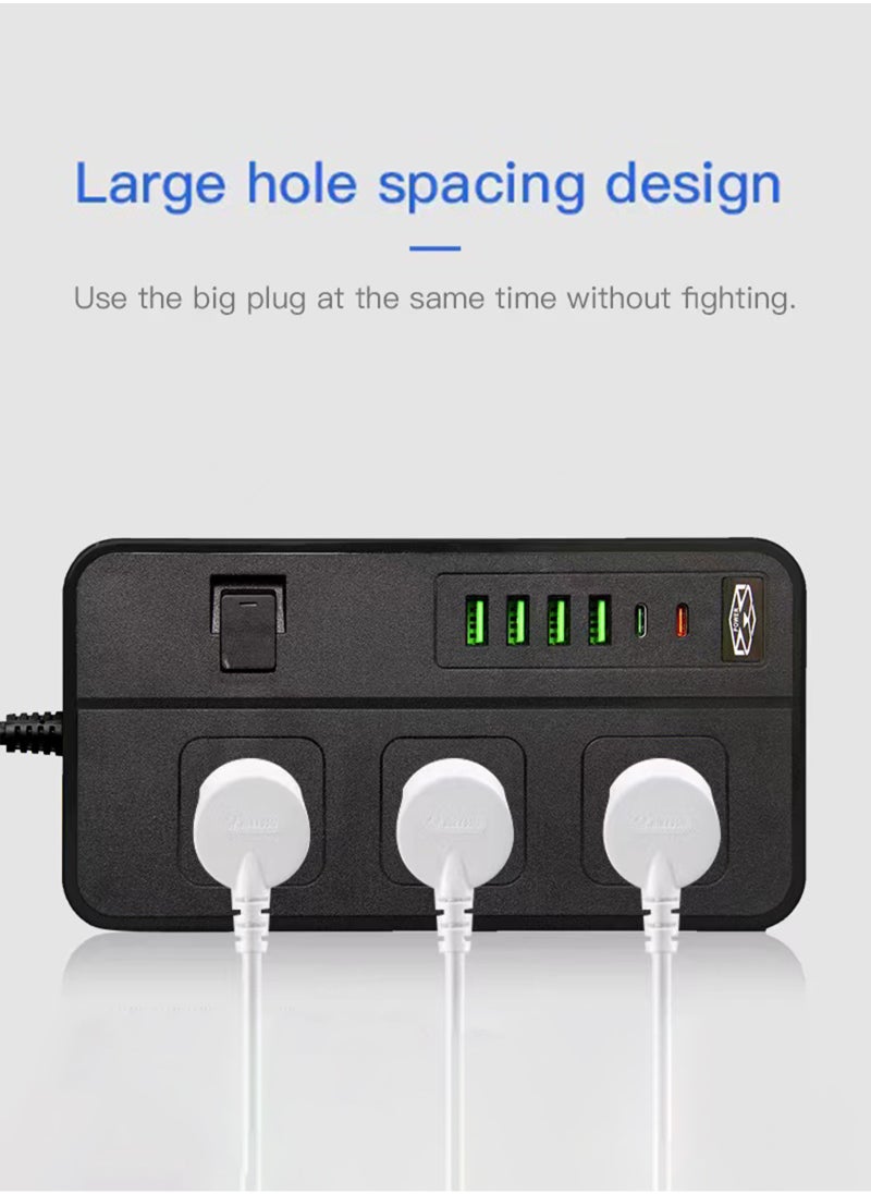 ULHYC - شرائط الطاقة تمديد الحبل 3 منافذ مقبس الطاقة مع 4 منافذ USB 2 نوع c مقبس شحن عالمي مع سلك تمديد جريء 2 متر - Image 1