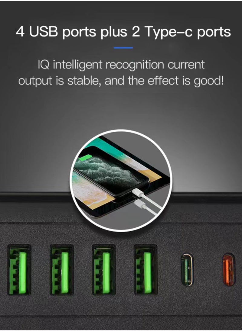 ULHYC - شرائط الطاقة تمديد الحبل 3 منافذ مقبس الطاقة مع 4 منافذ USB 2 نوع c مقبس شحن عالمي مع سلك تمديد جريء 2 متر - Image 1