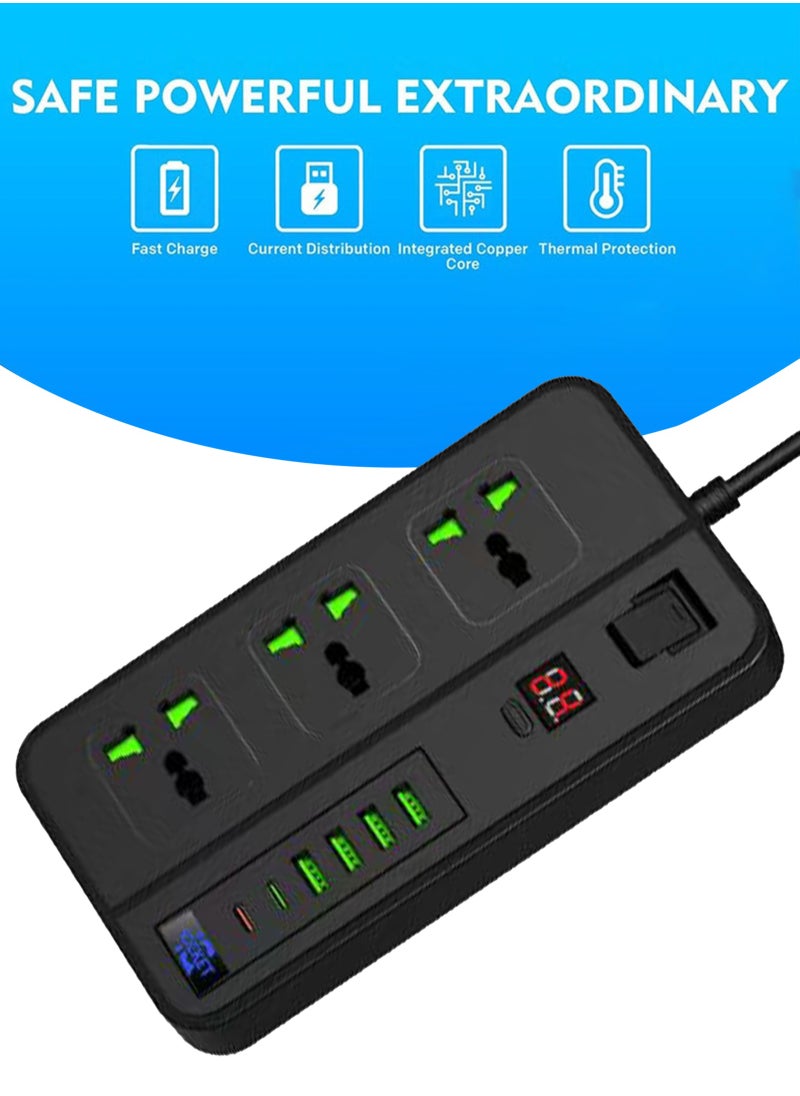 ULHYC - شرائط الطاقة تمديد الحبل 3 منافذ مقبس الطاقة مع 4 منافذ USB 2 نوع c مقبس شحن عالمي مع سلك تمديد جريء 2 متر - Image 1