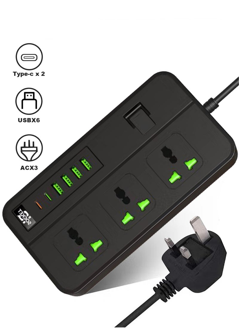 ULHYC - شرائط الطاقة تمديد الحبل 3 منافذ مقبس الطاقة مع 4 منافذ USB 2 نوع c مقبس شحن عالمي مع سلك تمديد جريء 2 متر - Image 1
