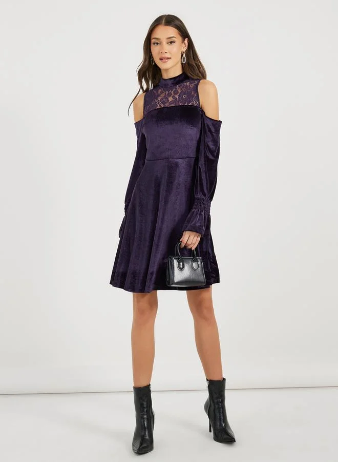 Styli Lace Velvet A-Line Dress