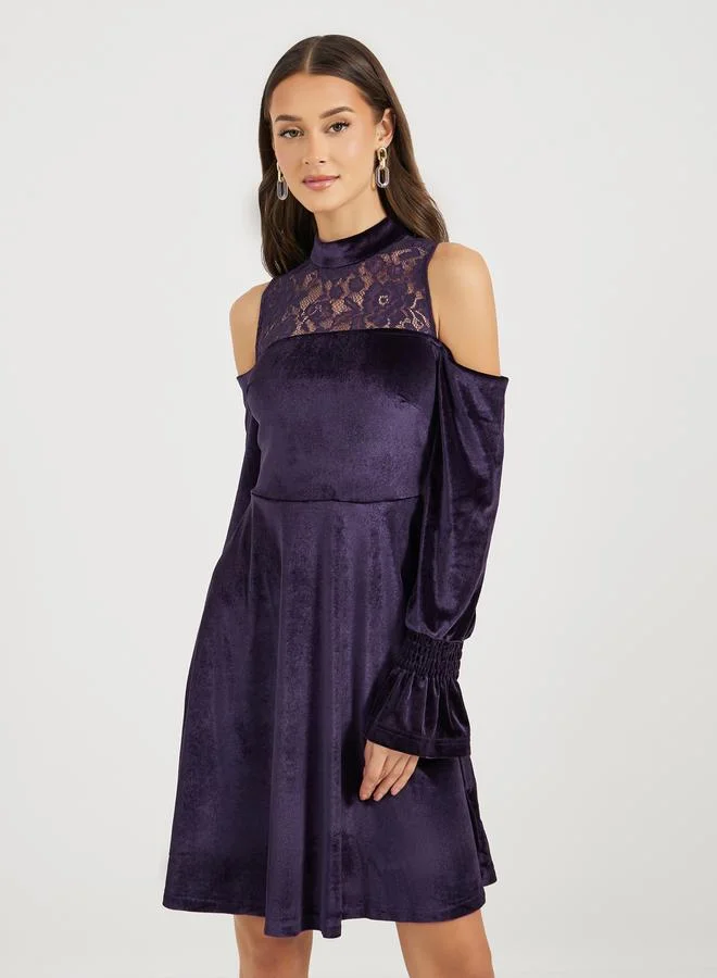 Styli Lace Velvet A-Line Dress