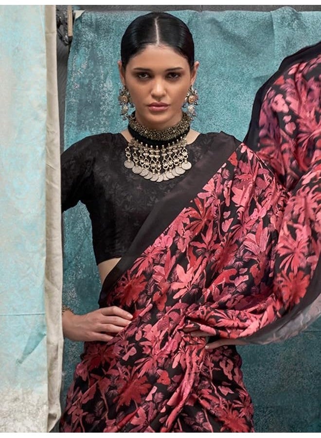 NK Textiles Women's Leaopard & Floral Print Black & Red Colored Crepe Silk Saree with Blouse - Image 2