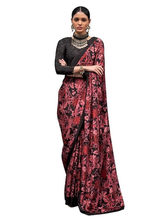 NK Textiles Women's Leaopard & Floral Print Black & Red Colored Crepe Silk Saree with Blouse - Image 1