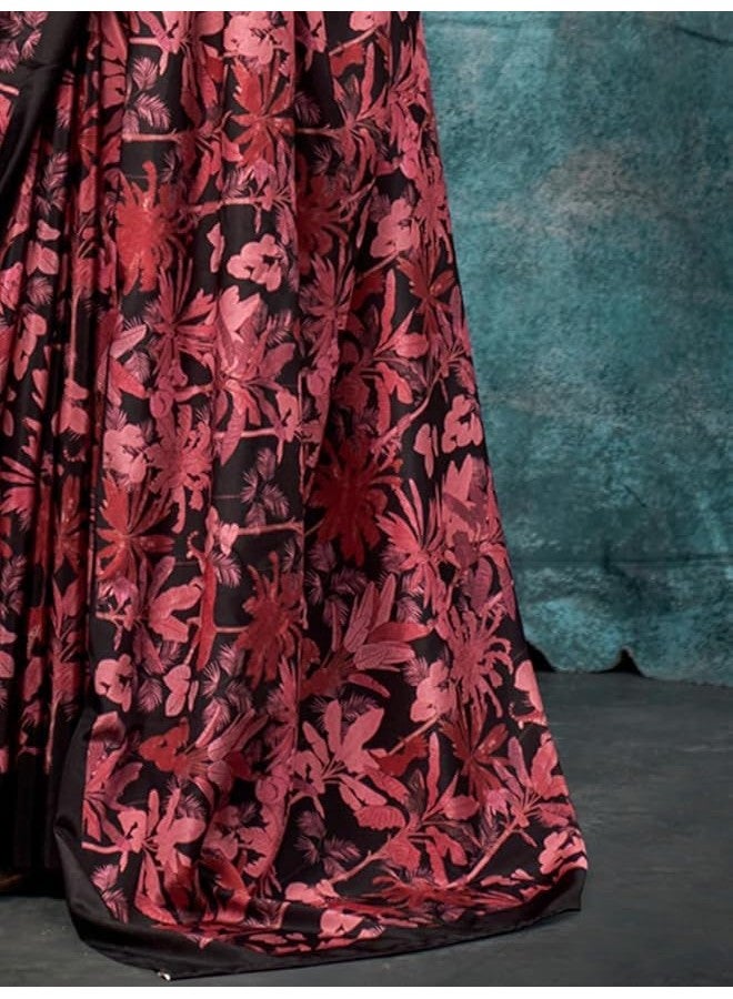 NK Textiles Women's Leaopard & Floral Print Black & Red Colored Crepe Silk Saree with Blouse - Image 4