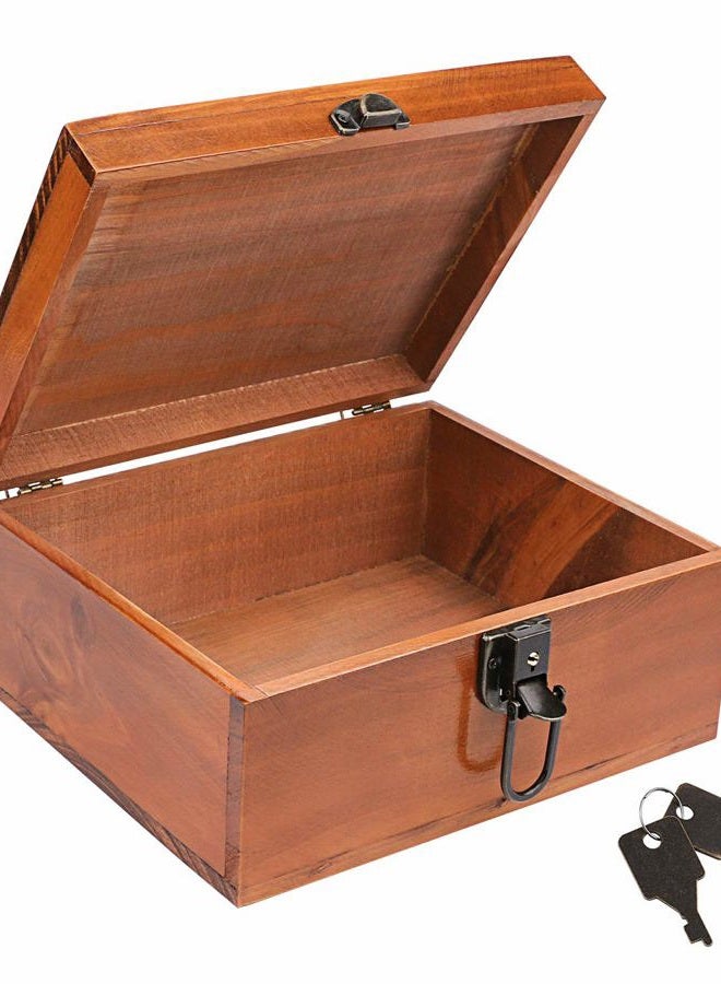 Dedoot Wooden Keepsake Box, Decorative Wooden Box Vintage Handmade Craft Large Wood Box with Lock and Key for Jewelry Gift Storage Box and Home Decor, Brown, 9.3x7.6x4.5 Inch - Image 1