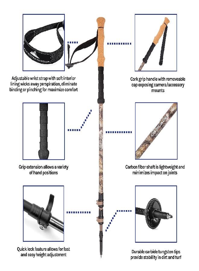 Cascade Mountain Tech Trekking Pole - Carbon Fiber Monopod Walking Or Hiking Stick With Accessories Mount & Adjustable Quick Locks (Single Pole), Mossy Oak Elements Contour Pattern - Image 2