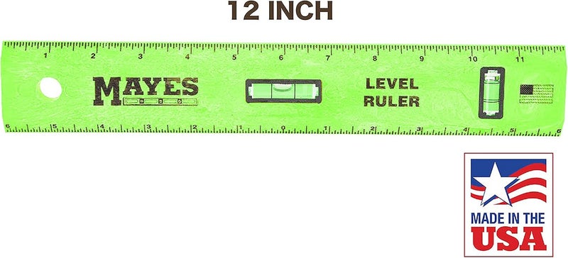 MAYES 10742 Polystyrene Level Ruler 12", Precision Measuring and Leveling Tool, Plumb and Level Vials with SAE and Center-Finding Scale, for Framing, Hanging, Made in the USA - Image 2