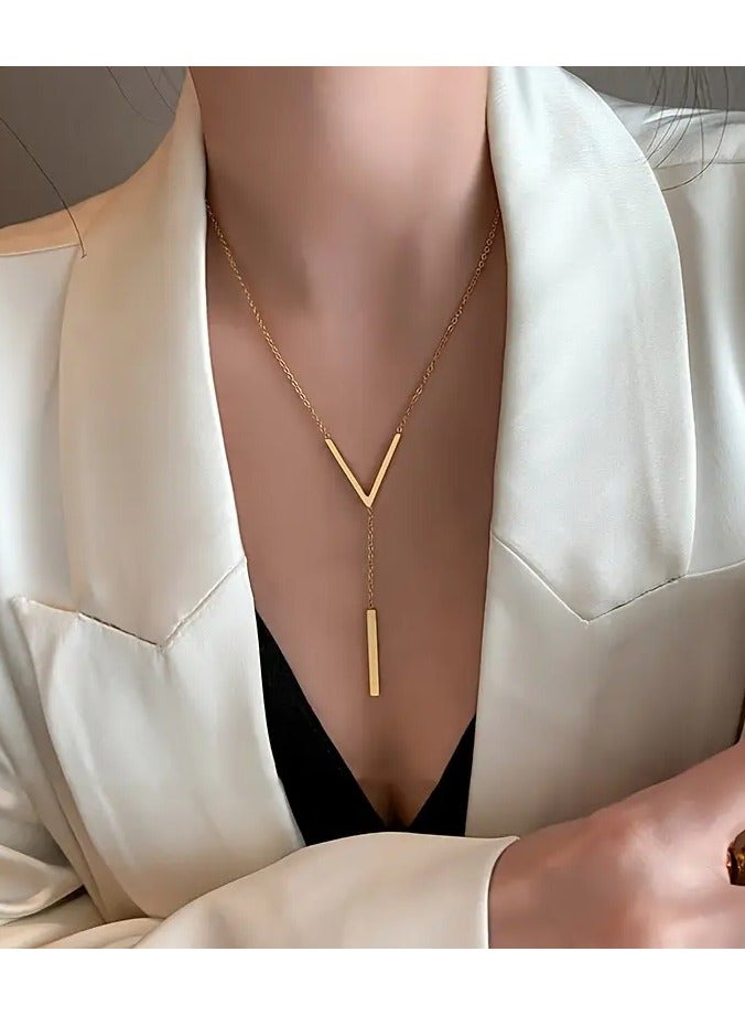 Home Clearance Sale European And American Long-style Women's Necklace, Temperament Sweater Chain, Personalized Versatile Design, Tassel V-shaped Pendant, Stainless Steel Necklace For Women, Fashion Accessories Gift - Image 1