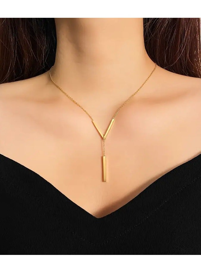 Home Clearance Sale European And American Long-style Women's Necklace, Temperament Sweater Chain, Personalized Versatile Design, Tassel V-shaped Pendant, Stainless Steel Necklace For Women, Fashion Accessories Gift - Image 5