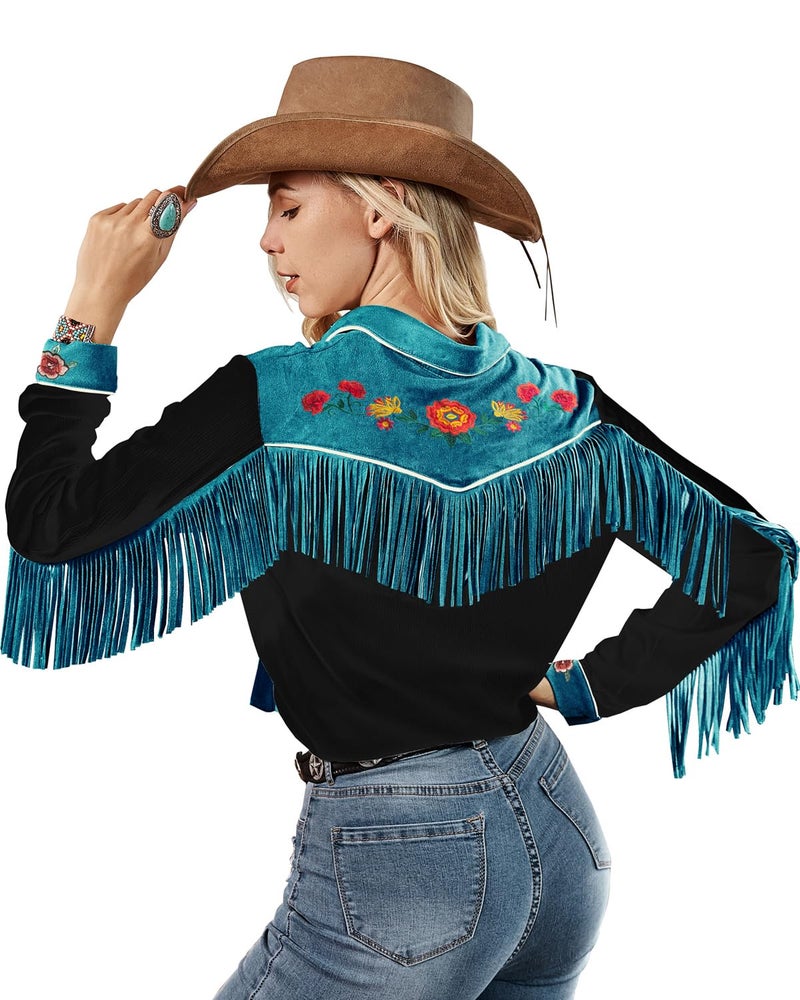 JOHN MOON Women's Fringe Western Long Sleeve Shirts with Floral Embroidered Cowgirl Button Down Shacket Blouse Country Rodeo Outfits Black - Image 2