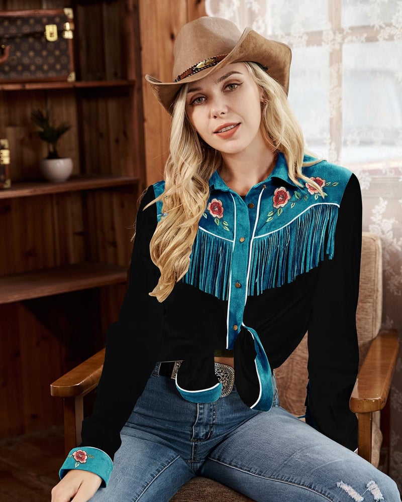 JOHN MOON Women's Fringe Western Long Sleeve Shirts with Floral Embroidered Cowgirl Button Down Shacket Blouse Country Rodeo Outfits Black - Image 3