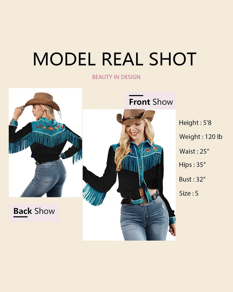 JOHN MOON Women's Fringe Western Long Sleeve Shirts with Floral Embroidered Cowgirl Button Down Shacket Blouse Country Rodeo Outfits Black - Image 5