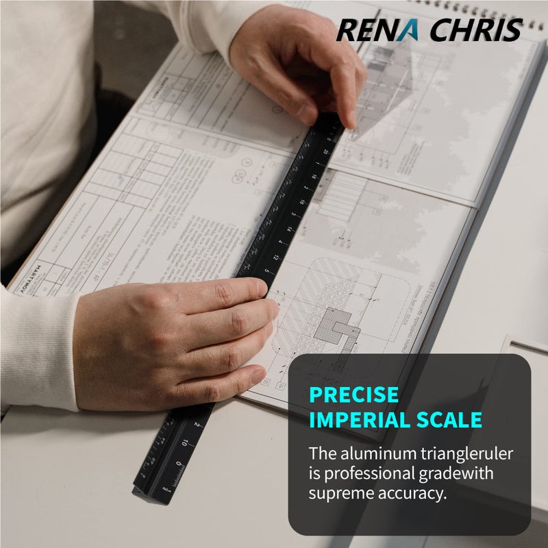 Rena Chris مسطرة رينا كريس المعمارية، 12" مسطرة معمارية من الألمنيوم، مسطرة مثلثية، مسطرة قياس، مسطرة مثلث، مسطرة رسم، مسطرة معمارية، مسطرة معدنية، مسطرة معمارية (أسود) - Image 5