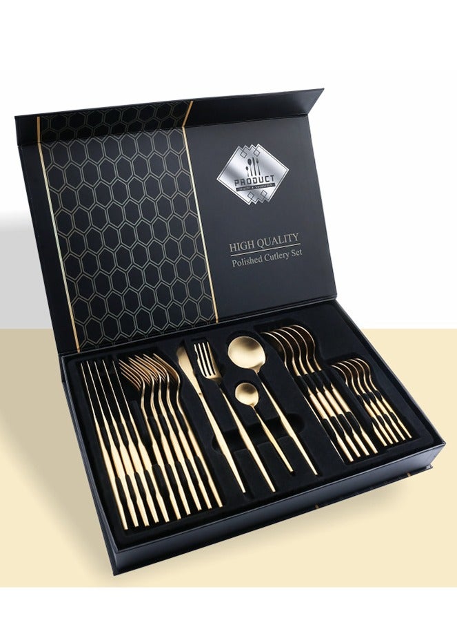 🍴Cutlery set - Cutlery sets - Very chic 24-piece fork, knife, and spoon set - Spoon and fork set for 6 people - Stainless steel silver cutlery set: 24 pieces of cutlery, forks, spoons, and a steak knife - Cutlery set for 6 people, 24 pieces, cutlery with fork and knife, stainless steel cutlery, dishwasher safe - Image 1