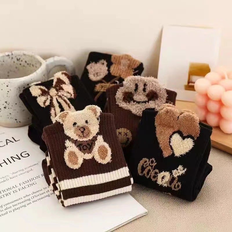 New Brown Feather Yarn Bear Knee-High Socks for Women Clouds  - Image 5