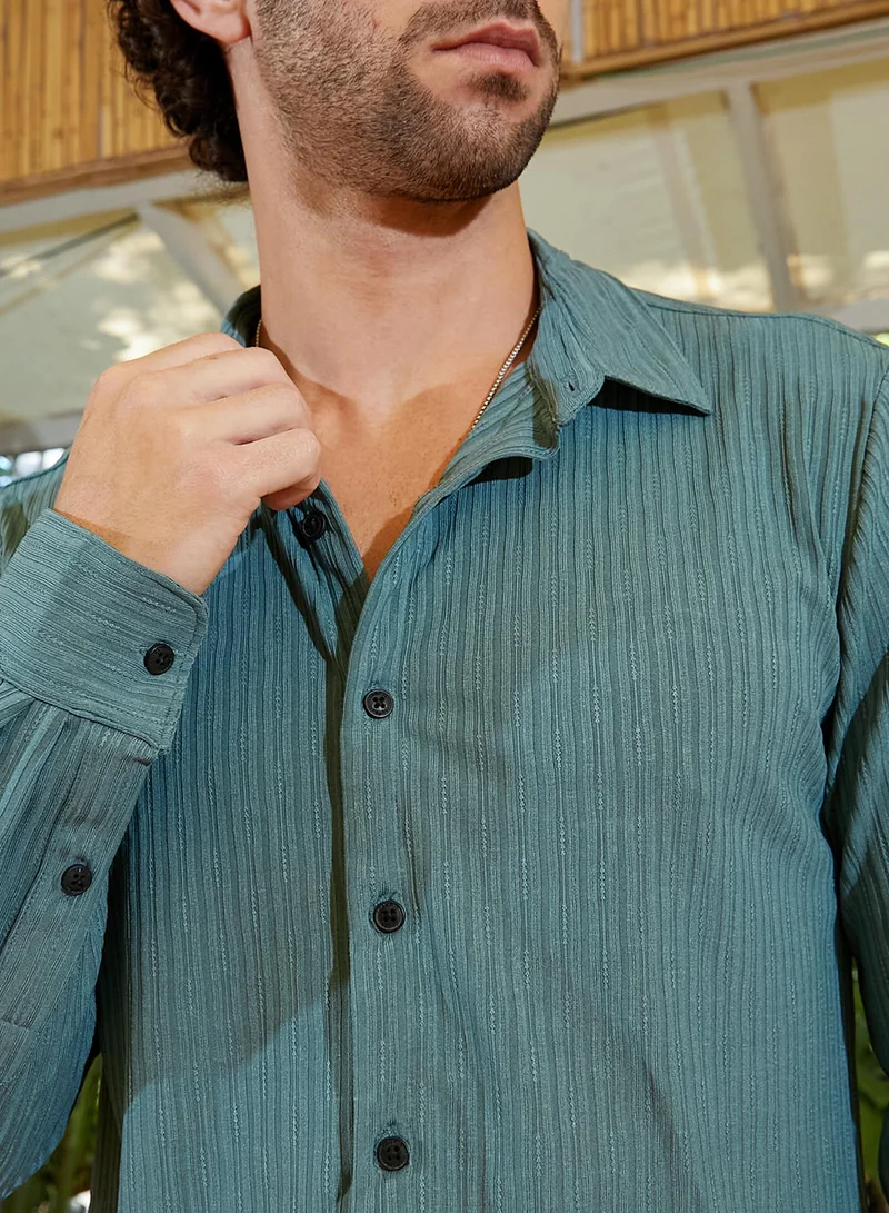 Campus Sutra Men's Sea Green Trough-Tactile Regular Shirt