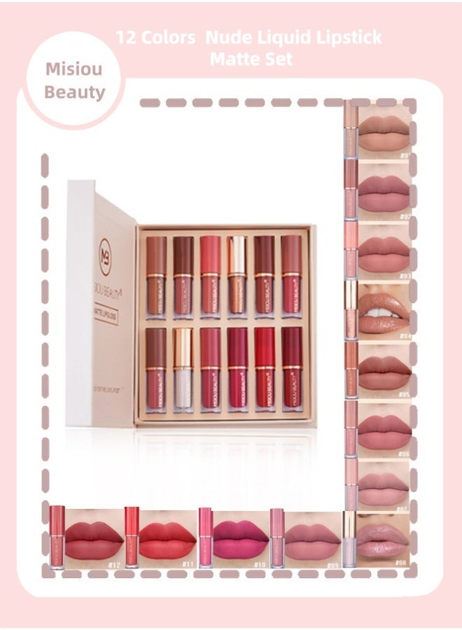 ميسيو بيوتي احمر الشفاه مجموعة عارية السائل احمر الشفاه ماتي 12 ألوان للماء طويلة الأمد للنساء للغاية الصبغة المخملية سوبر البقاء لينة ترطيب وخفيفة الوزن المهنية ترطيب ماكياج الشفاه جيف متعددة الألوان - Image 1
