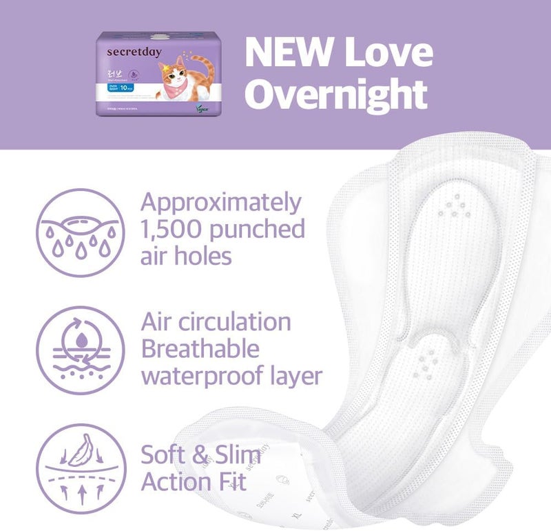 secretday Well Absorbed Sanitary Pads Love Plus, Made in Korea (Overnight, 10, Count) - Image 2