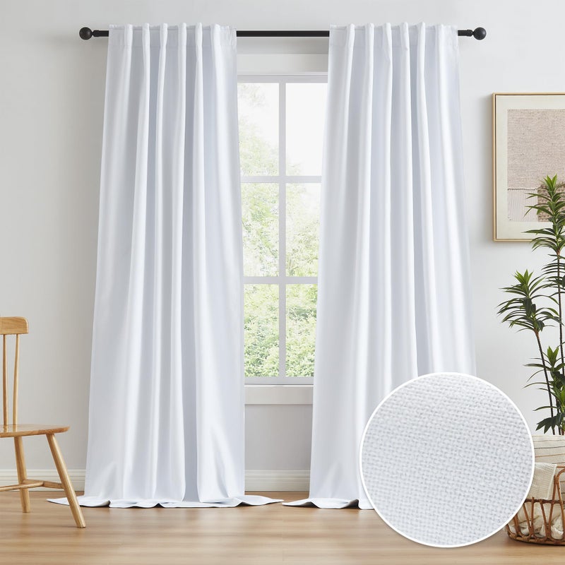 KEQIAOSUOCAI KEQIAOSUOCAI Linen White Sliding Door Curtains 102 Inches Long 100 Blackout Linen Look Patio Door Curtains 2 Panels 50 Inch Wide by 102 Inch Length Back TapRod PocketHook Belt 