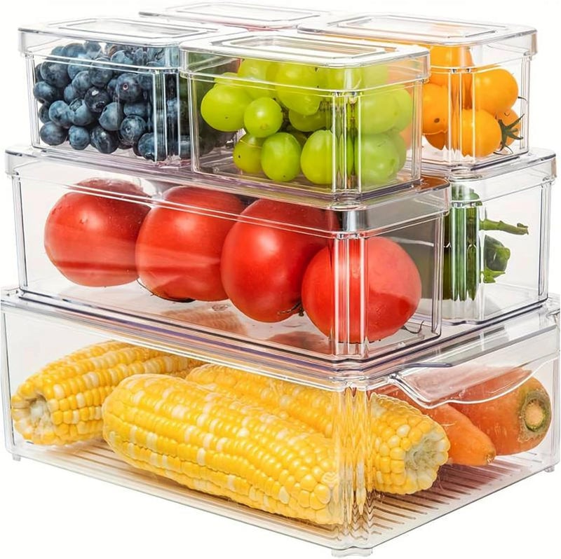BAREPEPE 7 Pack Fridge Organizer, Stackable Refrigerator Organizer Bins with Lids, BPA-Free Fridge Organizers and Storage Containers for Fruit, Vegetable, Food, Drinks, Cereals, Clear - Image 1