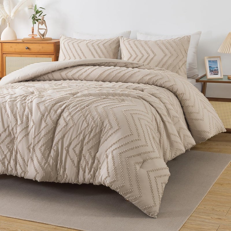 Andency Khaki Oversized Super King Comforter Set 120x120 Extra Large King Size Comforter Oversize Boho Soft Warm Bedding Comforter Sets 3 Pieces Aesthetic Chevron Textured Bedding Set