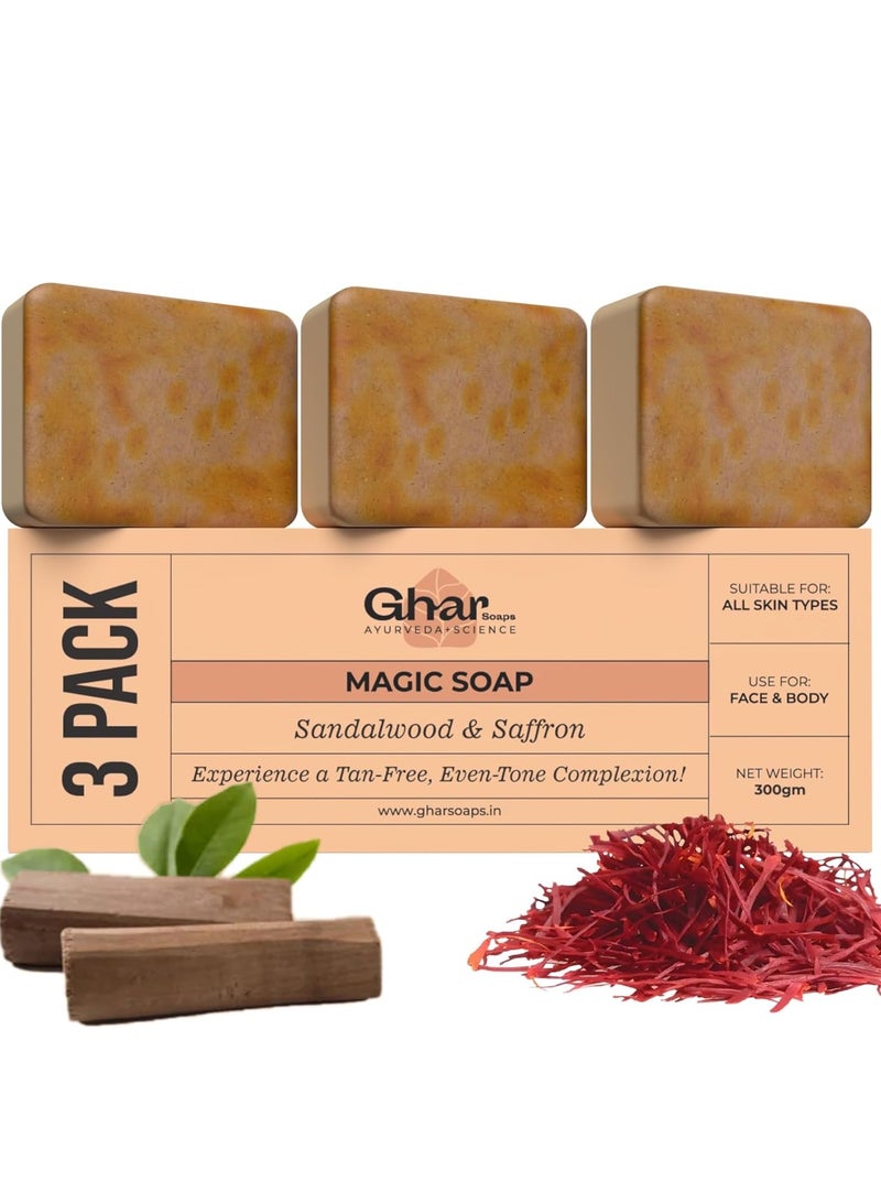 غار سوب صابون غار من خشب الصندل والزعفران السحري للاستحمام (عبوة من 3 قطع 300 جرام) | خالٍ من البارابين | صابون استحمام من تشاندان وكيسار | صابون مصنوع يدويًا لإشراق البشرة | صابون لتفتيح البشرة للرجال والنساء - Image 1