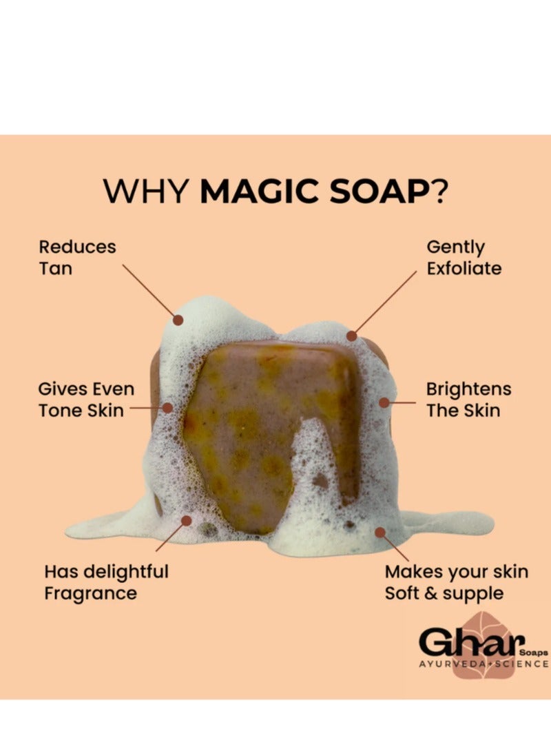 غار سوب صابون غار من خشب الصندل والزعفران السحري للاستحمام (عبوة من 3 قطع 300 جرام) | خالٍ من البارابين | صابون استحمام من تشاندان وكيسار | صابون مصنوع يدويًا لإشراق البشرة | صابون لتفتيح البشرة للرجال والنساء - Image 3