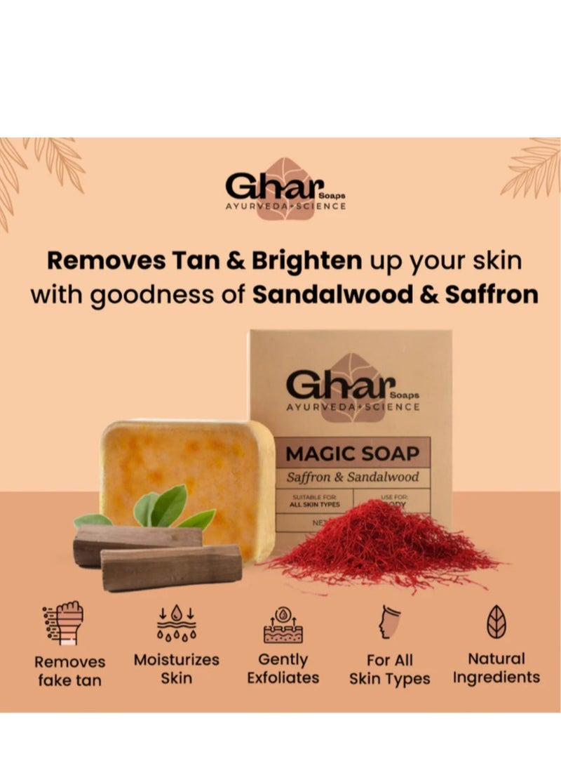 غار سوب صابون غار من خشب الصندل والزعفران السحري للاستحمام (عبوة من 3 قطع 300 جرام) | خالٍ من البارابين | صابون استحمام من تشاندان وكيسار | صابون مصنوع يدويًا لإشراق البشرة | صابون لتفتيح البشرة للرجال والنساء - Image 5