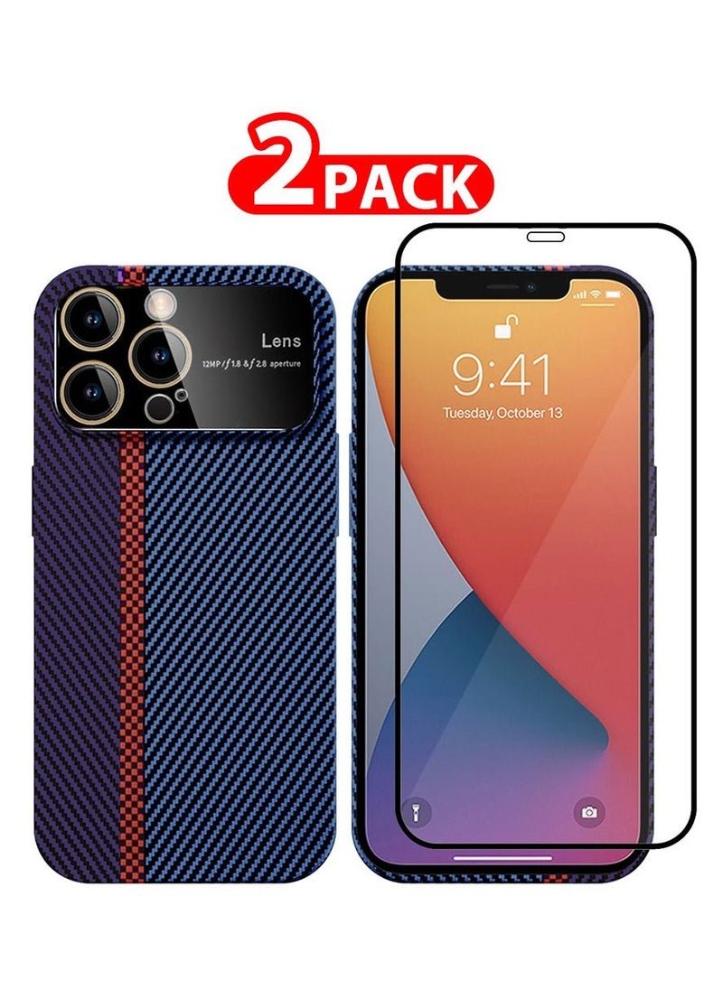 CATANES - 2 Packs Of iPhone 12 Pro Carbon Case Large Window Camera Protection and Screen Protector Unique Design Mixed Amazing Color Aramid Carbon Fiber Phone Case Blue - Image 1