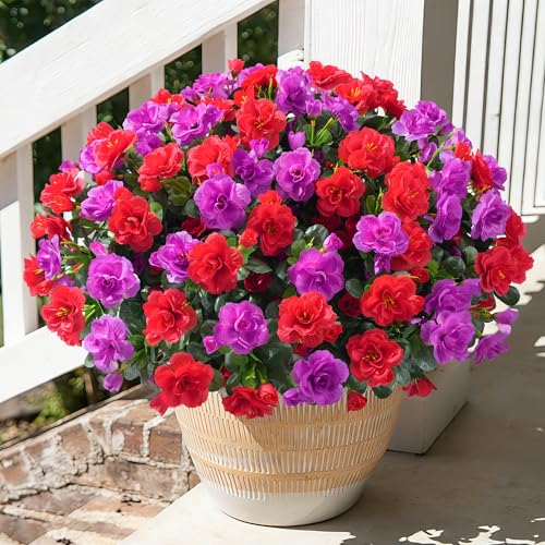 HyeFlora Artificial Faux Outdoor Flowers Plants for Spring Summer Decoration Fake Silk Camellia UV Resistant Look Real for Planter Outside Front Door Porch Patio Balcony 3 Large Bundles RedFuchsia - Image 1