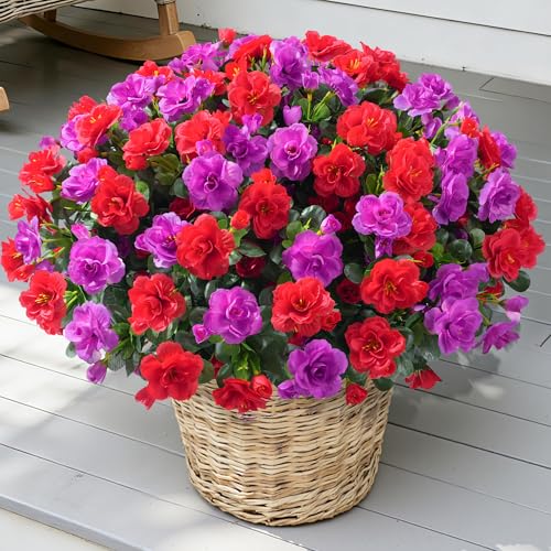 HyeFlora Artificial Faux Outdoor Flowers Plants for Spring Summer Decoration Fake Silk Camellia UV Resistant Look Real for Planter Outside Front Door Porch Patio Balcony 3 Large Bundles RedFuchsia - Image 3