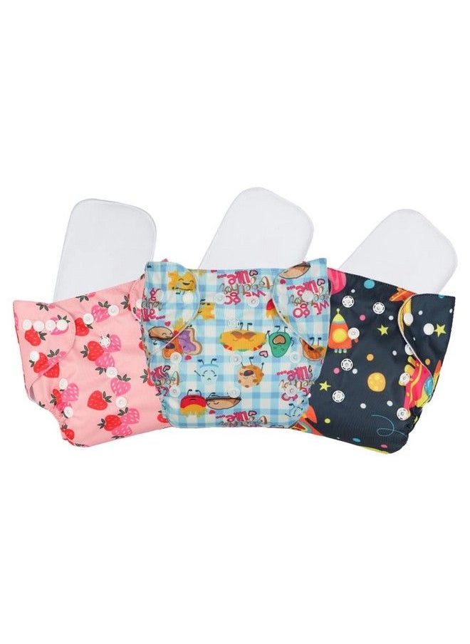Chinmay Kids Combo Of Printed Cloth Diaperreusable Washable Adjustable Snap Buttons Cloth Diaper For Babies (0 36 Months) With Wet Free Insert Pads (Pack Of 3) (Baby Pink Bluedark Blue)  - Image 1