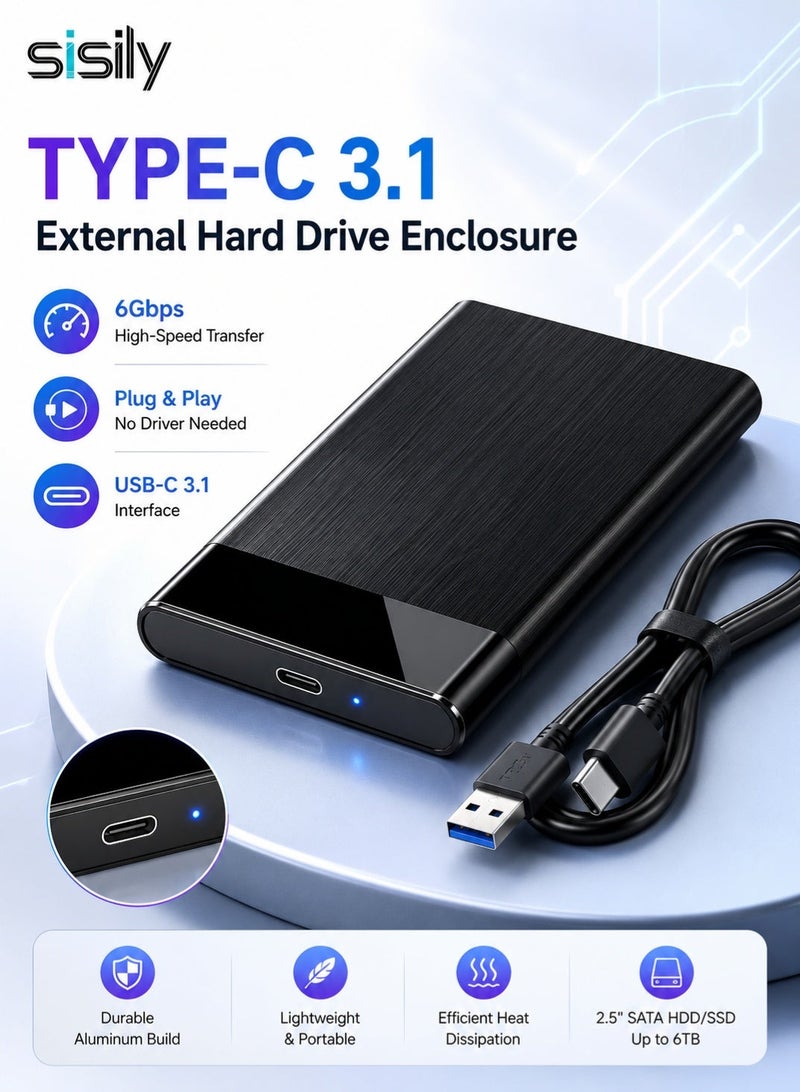 سيسلي علبة قرص صلب USB 3.1 Type-C مقاس 2.5 بوصة لأقراص SATA SSD وHDD، علبة قرص صلب خارجية بسرعة نقل 6Gbps، تشغيل فوري بدون تعريف، متوافقة مع Windows وMac وLinux - Image 1