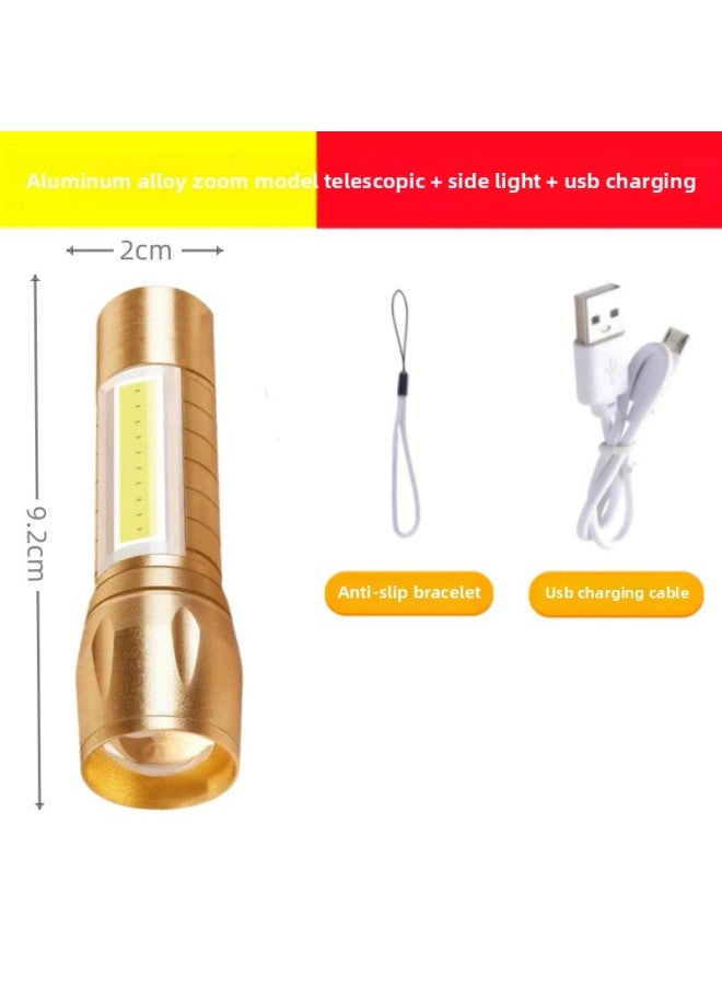 Portable Aluminum Alloy Flashlight Telescopic Zoom Strong Light Cob Work Light Led Rechargeable Mini Flashlight-Color:511 Gold-aluminum Alloy Zoom Side Light + Hand Rope + USB Line  - Image 1